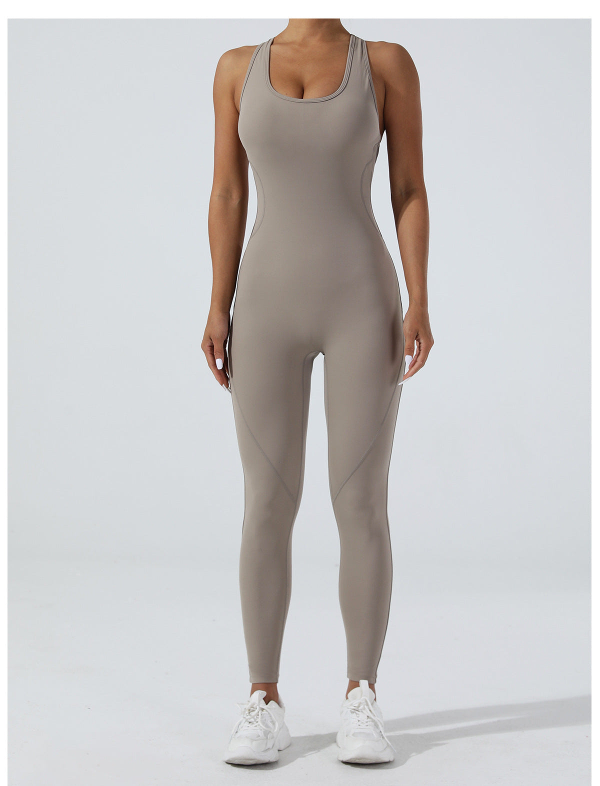 Sleek langry taupe yoga one-piece jumpsuit with racerback design