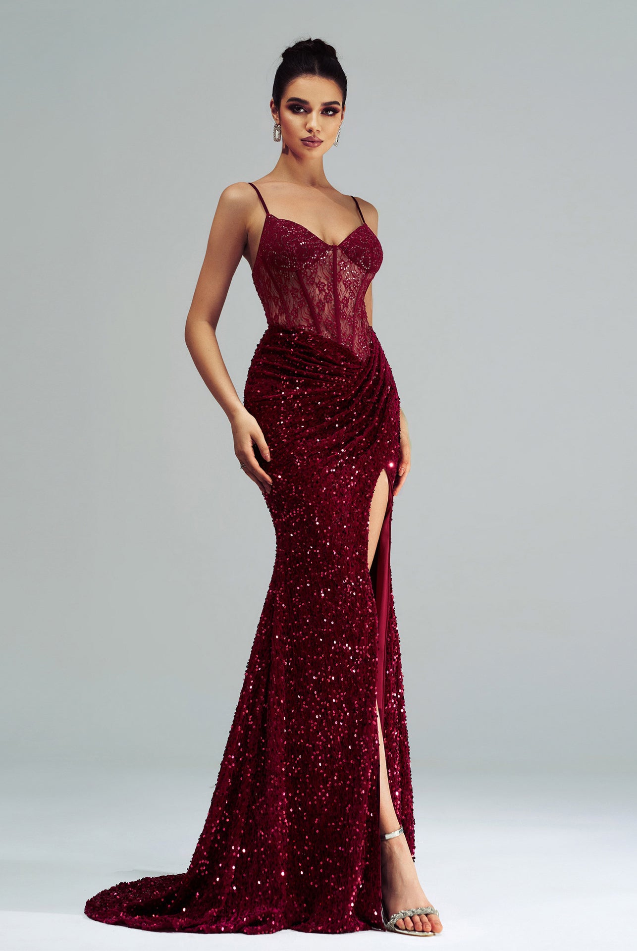 Burgundy sequined mermaid gown with lace bodice and side slit for high-end fashion ملابس