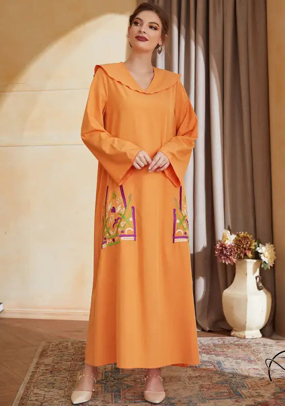 Beautiful turn V neck embroidery dress in orange with floral ruffles