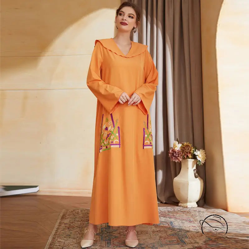 Beautiful turn V neck embroidery dress in orange with floral ruffles