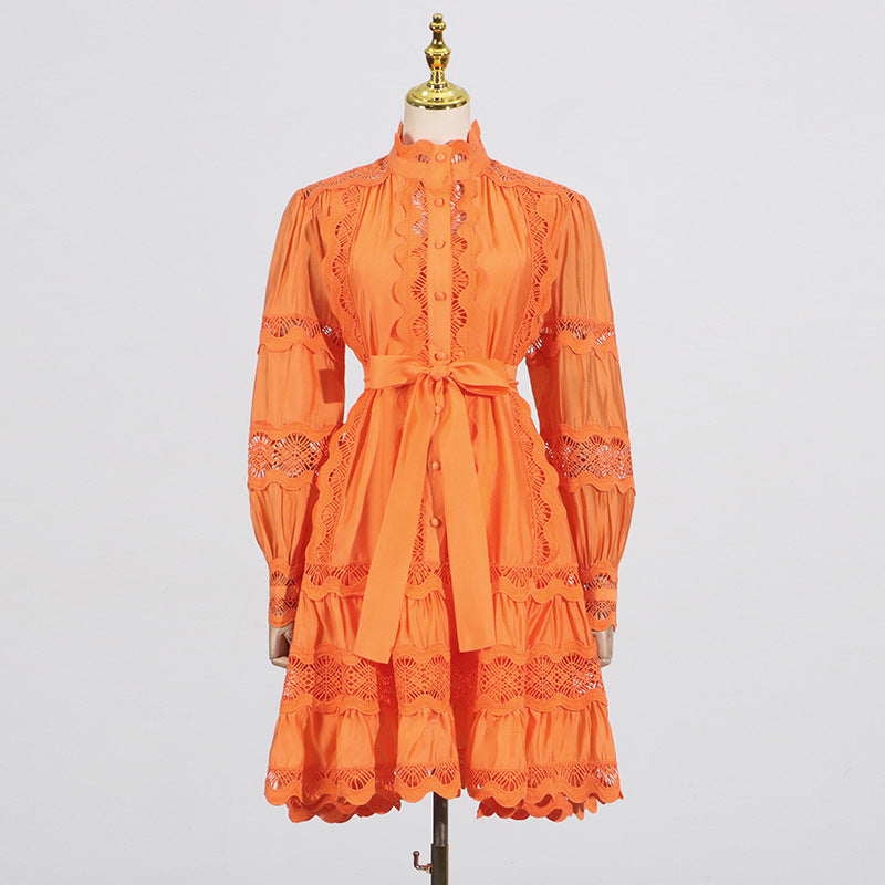 Orange lace-trimmed Elegant French Vintage Dress, perfect addition to your langry fashion collection