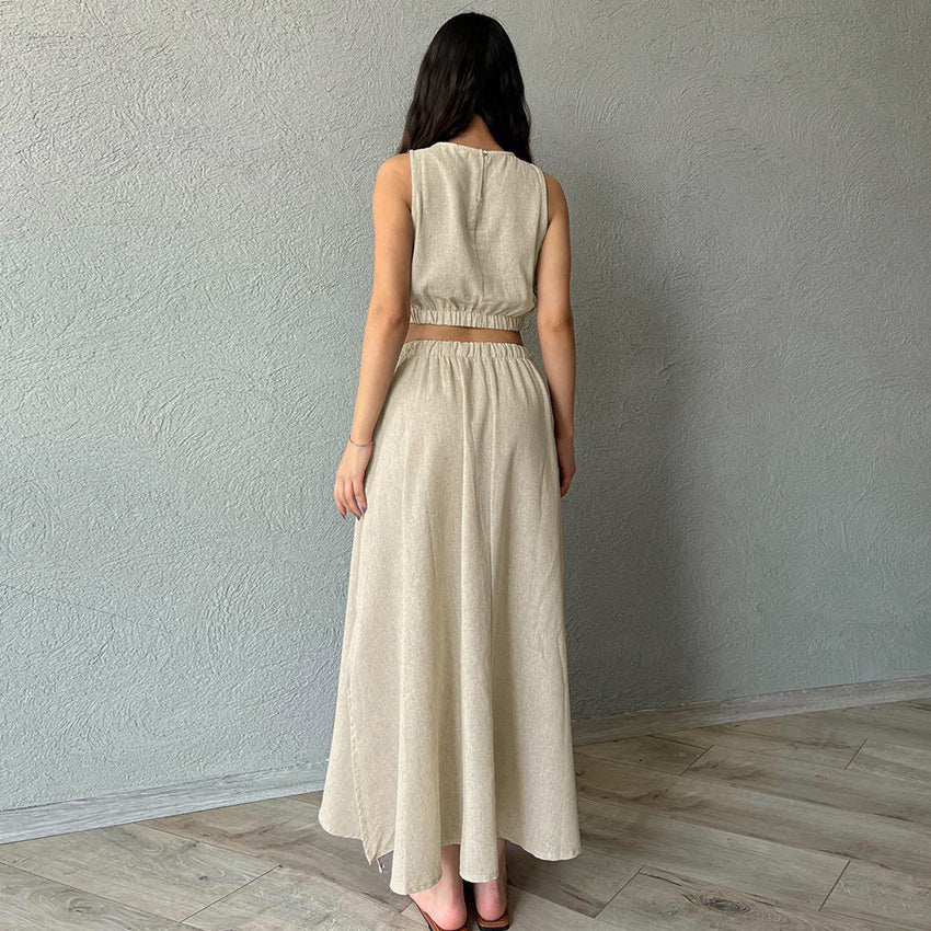 Summer Cotton Linen Sleeveless Maxi Dress Pajamas Two Piece Set Loose Casual Ladies Homewear