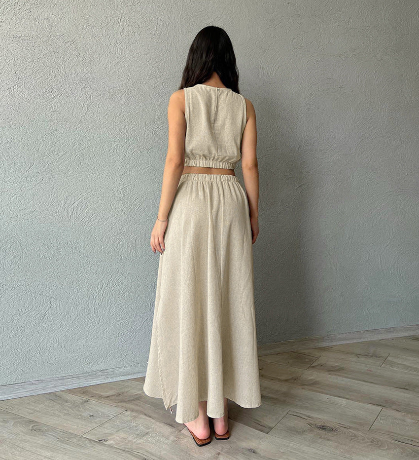 Summer Cotton Linen Sleeveless Maxi Dress Pajamas Two Piece Set Loose Casual Ladies Homewear