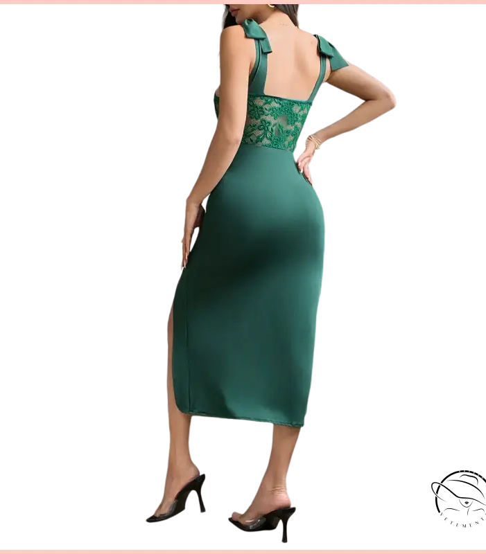 Emerald green satin midi langry fashion dress with lace bodice and bow straps