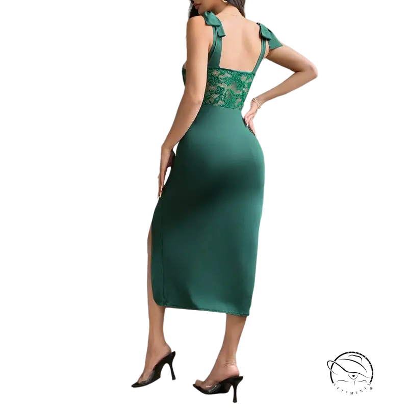 Emerald green satin langry fashion midi dress with lace bodice and bow straps