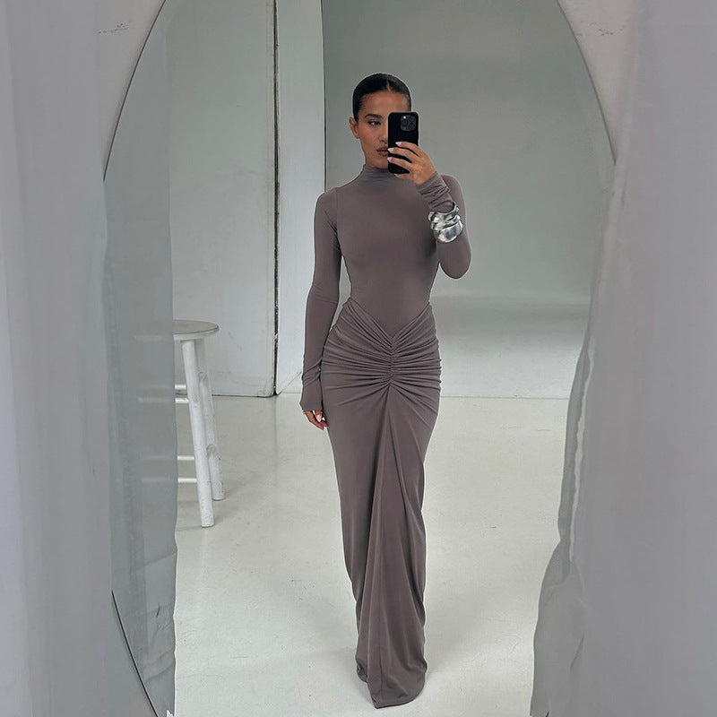 Taupe long-sleeved maxi dress from Elegant Slimming Beam Waist Maxi Dress collection, stylish fashion