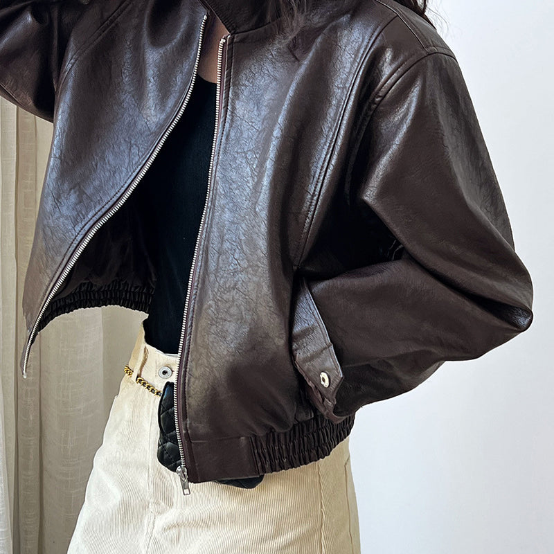 Retro Brown Faux Leather Bomber Jacket for Women in Stylish Autumn Fashion
