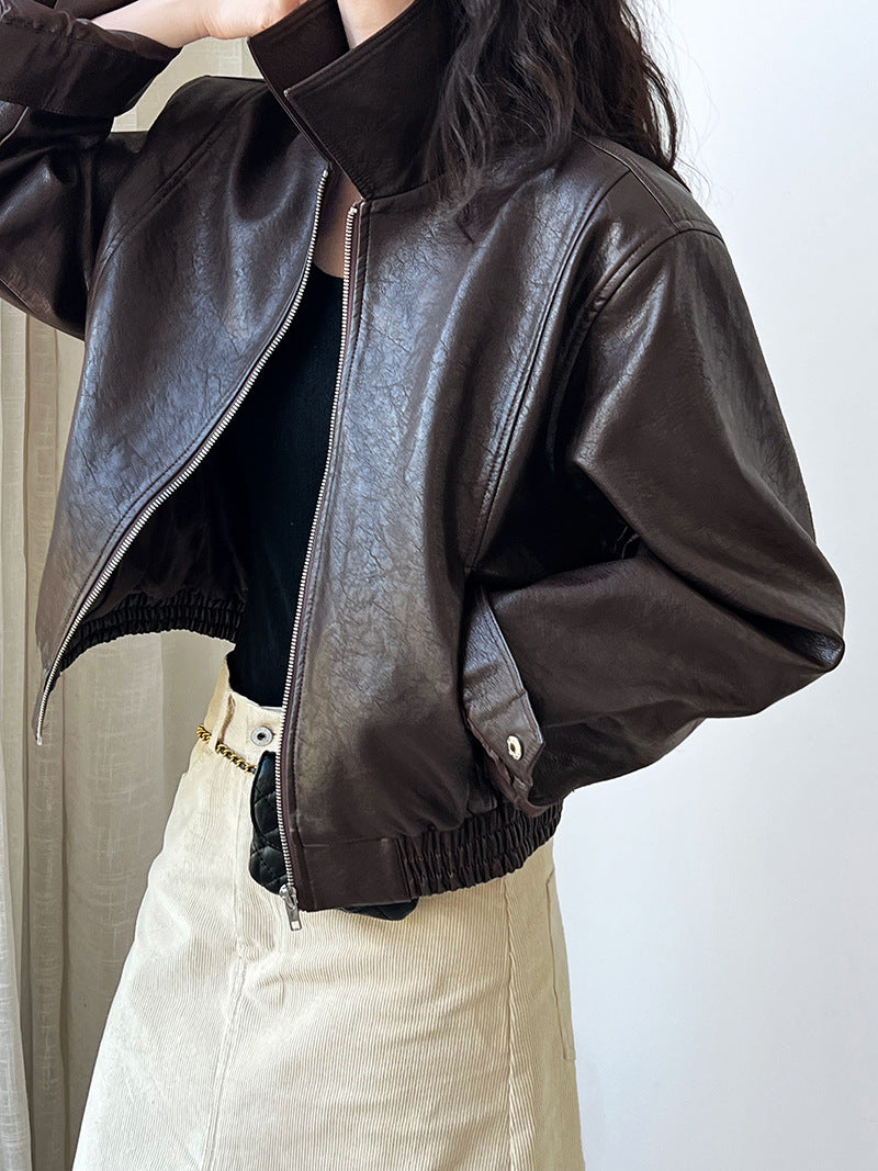 Retro Brown Faux Leather Bomber Jacket for Women in Stylish Autumn Fashion