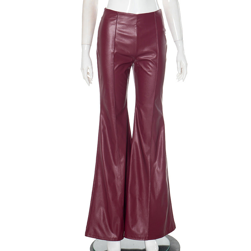 Maroon faux leather high-waisted tight flared pants with leather stitching detailing
