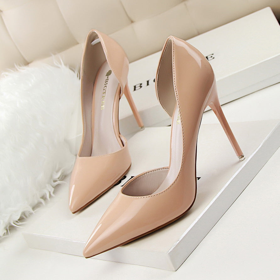 Nude patent leather stiletto pumps showcasing elegant fashion in ملابس style