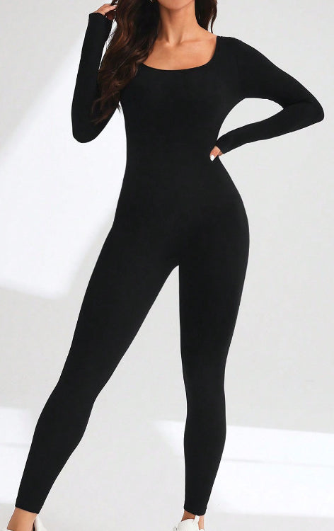Black langry fashion ملابس: form-fitting yoga bodysuit with square neckline
