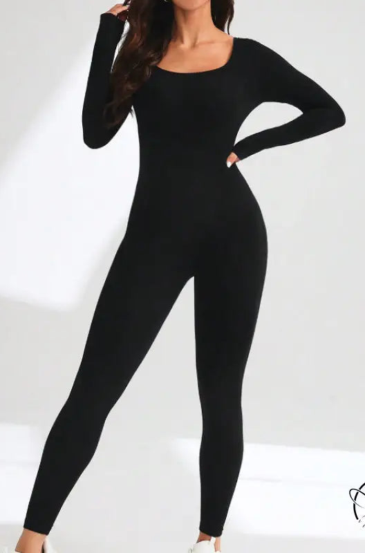 Langry black form-fitting yoga bodysuit with square neckline