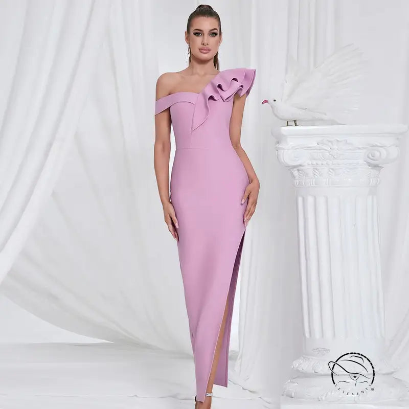 Pink langry fashion evening gown with ruffle and slit