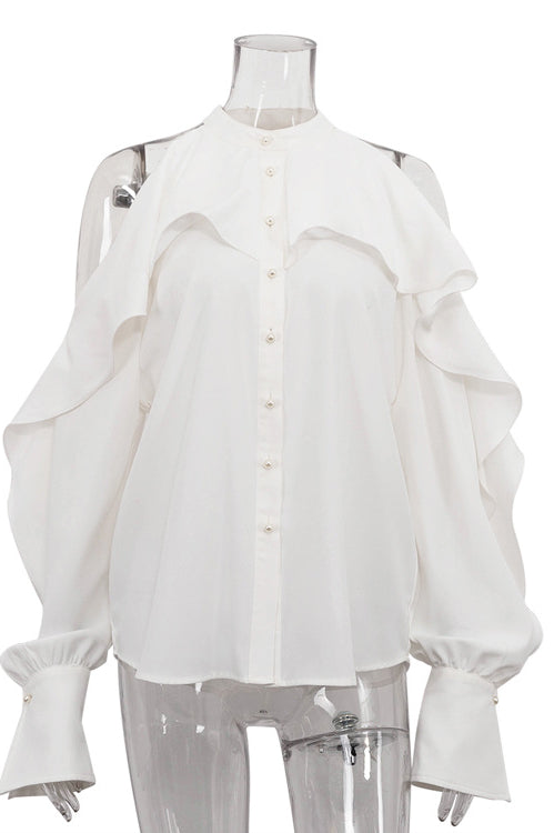 White button-up blouse with ruffled cold-shoulder sleeves in Elegant French Design fashion
