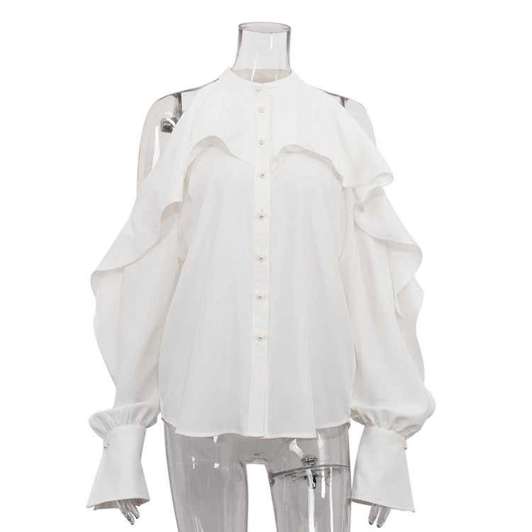 White button-up blouse with ruffled cold-shoulder sleeves in Elegant French Design fashion
