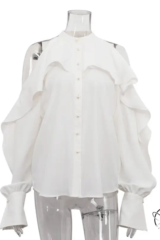 Elegant French design halter top with ruffled cold-shoulder sleeves and bell cuffs