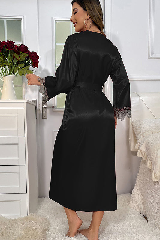 Elegant black satin langry robe with lace trim, imitated silk fashion nightdress