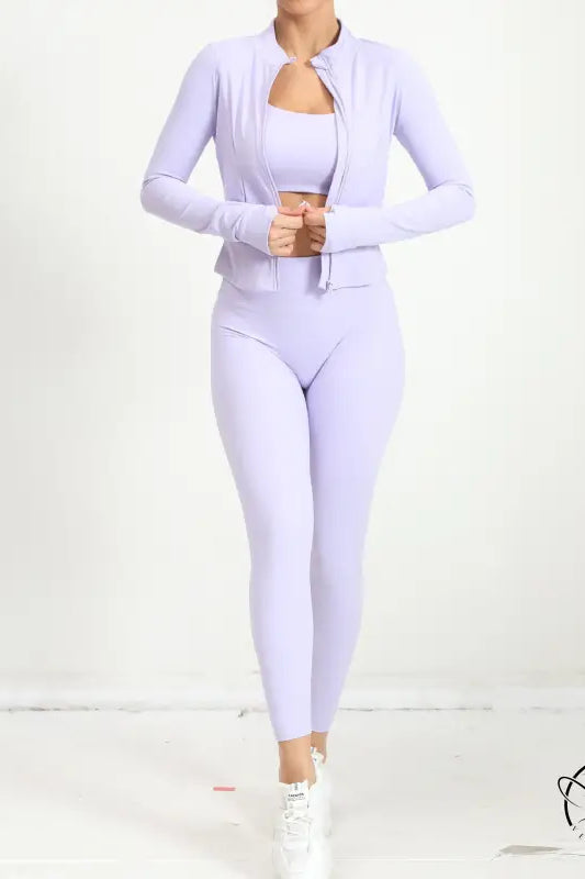 Lavender three piece yoga clothes suit with zip-up leggings and jacket