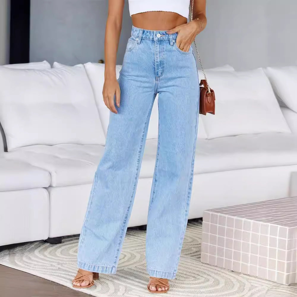Light wash high-waisted wide-leg denim trousers for women, stylish langry fashion