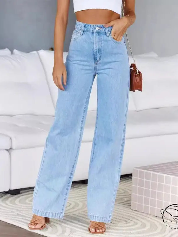 Light wash high-waisted women stretchy wide leg denim trousers