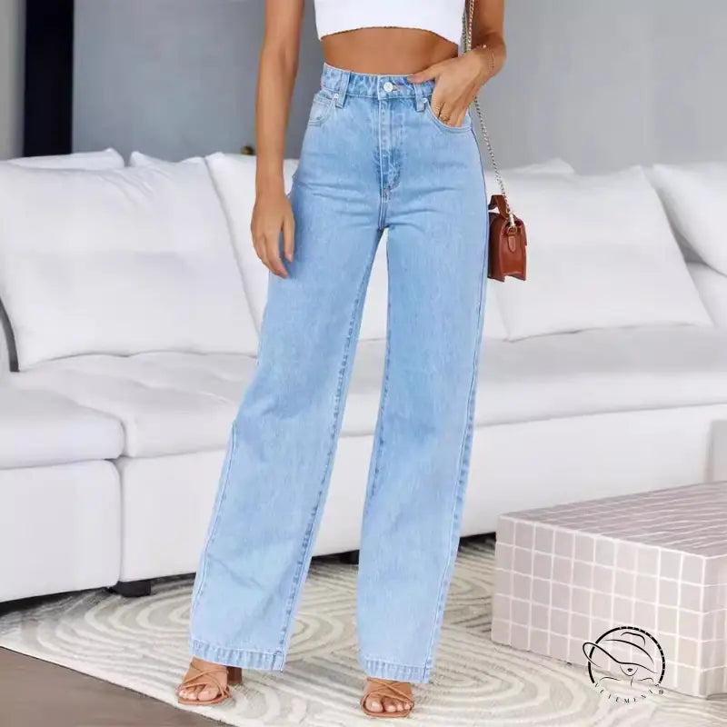 Light wash high-waisted women stretchy wide leg denim trousers