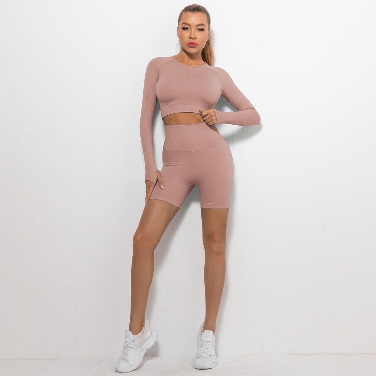 Seamless Pleated Peach Hip Long Sleeve Yoga Suit