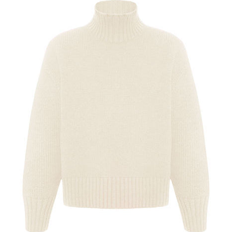 Cream-colored langry fashion turtleneck sweater with ribbed knit and long sleeves