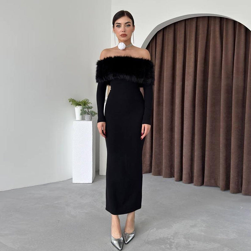 Elegant black off-the-shoulder Langry dress for chic fashion-forward ملابس choices