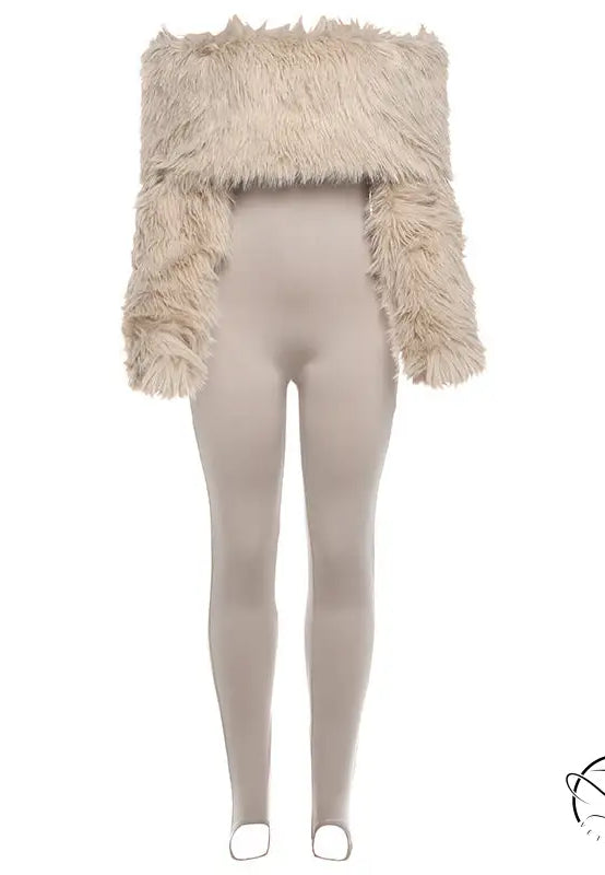 Langry fashion beige faux fur off-shoulder cropped jacket for winter plush jumpsuit