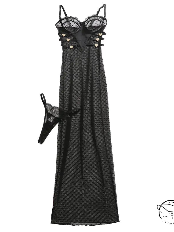 Polka dot lace strapless gown with cutout and heels