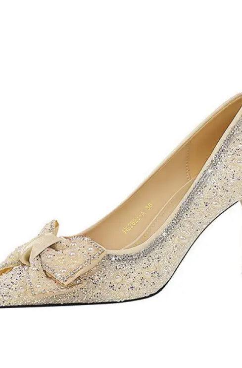 Langry fashion champagne glitter stiletto pump with bowknot rhinestone detail