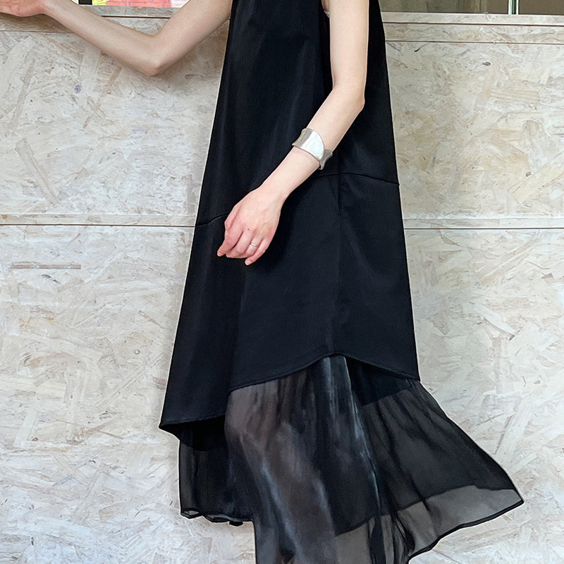Black sleeveless Korean style dress with sheer ruffled hem and square neckline