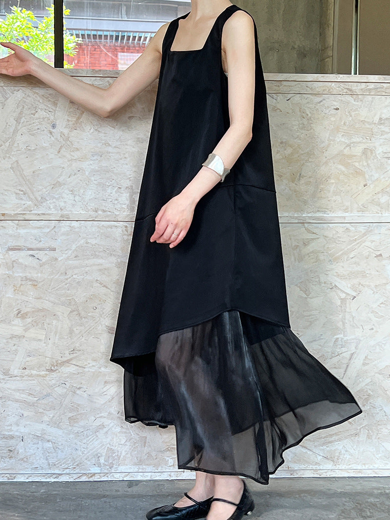 Black sleeveless Korean style dress with sheer ruffled hem and square neckline