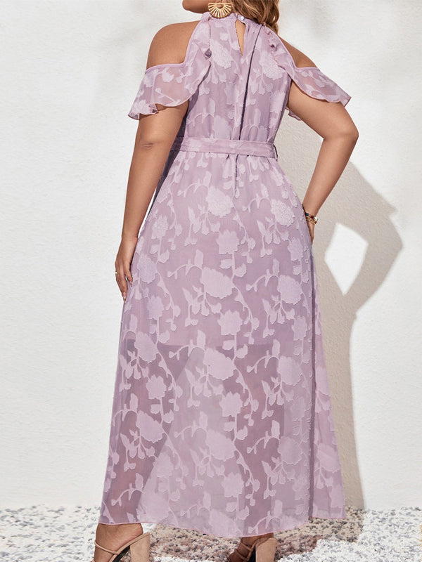 Elegant lilac purple cold-shoulder maxi dress with floral pattern for fashionable ملابس