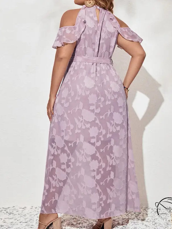 Lilac purple cold-shoulder maxi dress with floral pattern and belt