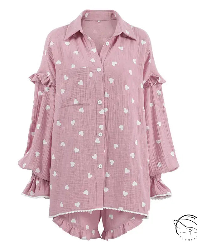 Pink heart-print ruffled pajamas set in cotton langry fashion