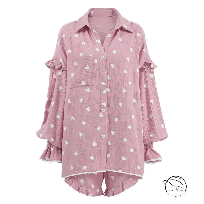 Pink heart-print ruffled pajamas set in cotton langry fashion