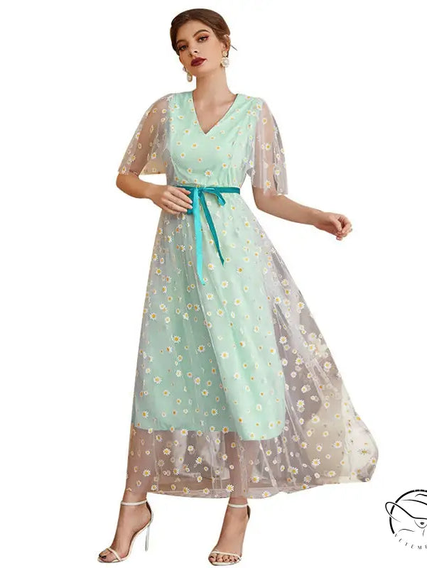 Enchanting langry fashion mint green floral midi dress with sheer sleeves and turquoise sash