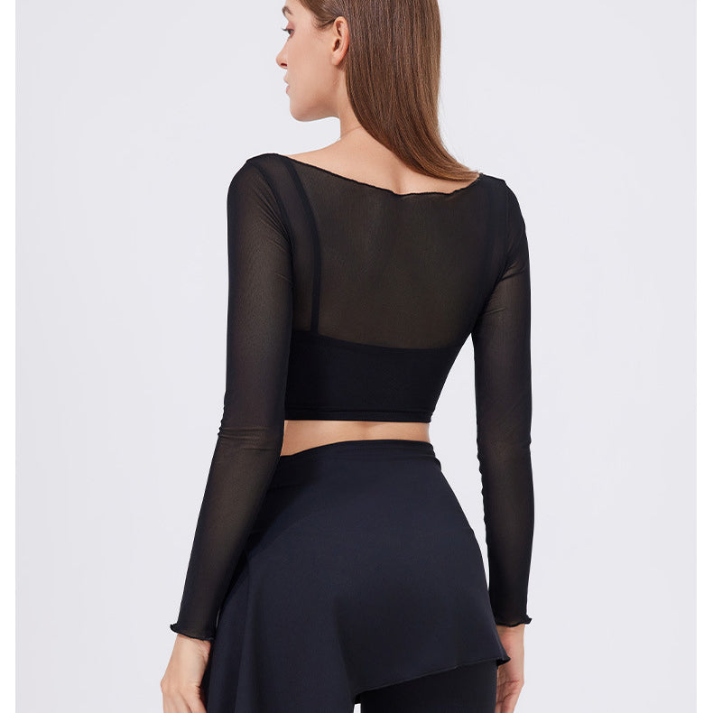 Faux Two Piece Mesh Sports t Shirt Women Long Sleeve with Chest Pad Yoga Clothes Cropped Top Quick Drying Slimming