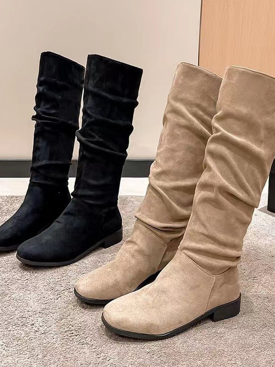 Pile Suede Slip on Knee High Boots