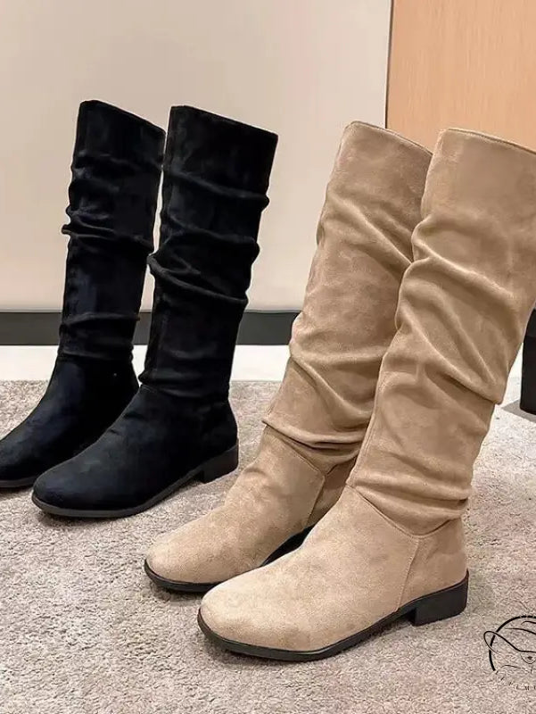 Pile Suede Slip on Knee High Boots