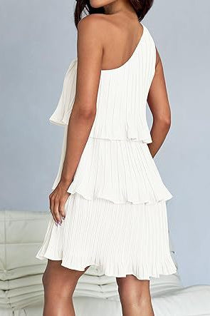 White one-shoulder layered stitching dress from Langry featuring a stunning shoulder design