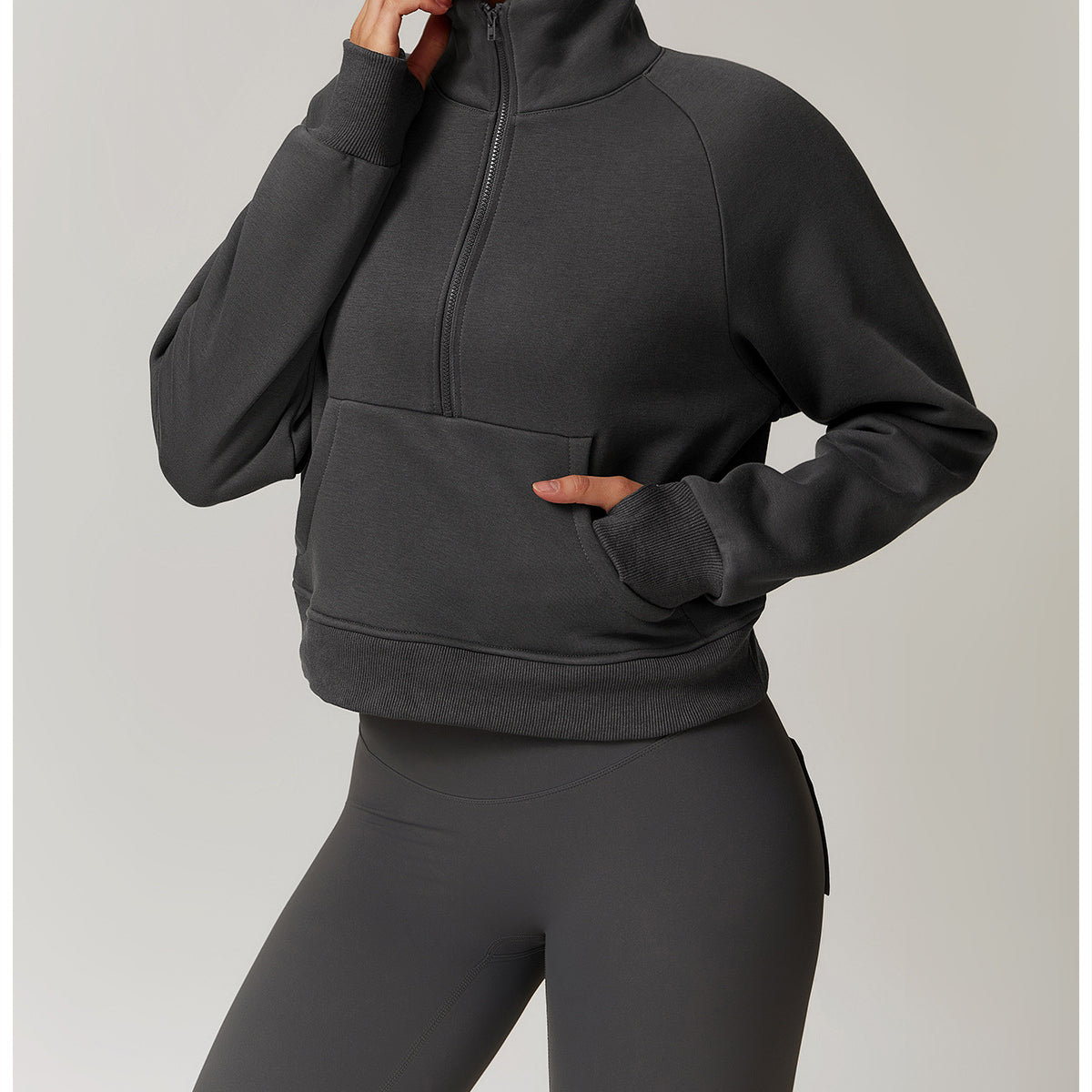 Charcoal grey half-zip pullover and leggings set from Langry Winter Fleece fashion ملابس
