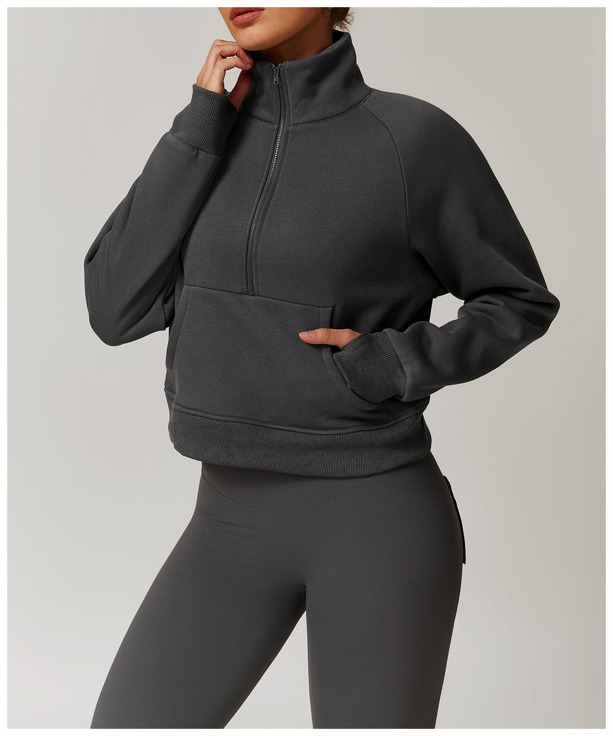 Charcoal grey half-zip pullover and leggings set from Langry Winter Fleece fashion ملابس