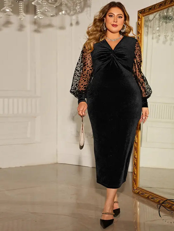 Elegant mesh long sleeve black velvet midi dress
