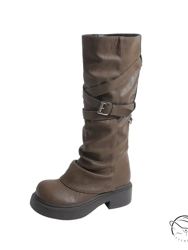 Waste Soil Brown Wrinkle High Tube Pile Long Boots