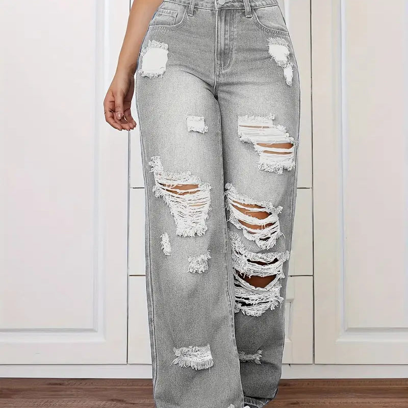 Langry fashion ripped washed high waist wide leg denim trousers with distressed holes