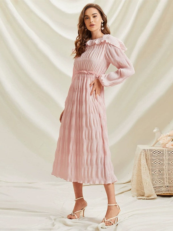 Pink pleated smocked long sleeve dress with ruffled lace collar