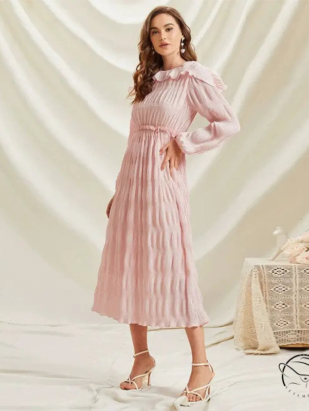 Pink pleated smocked long sleeve dress with ruffled lace collar