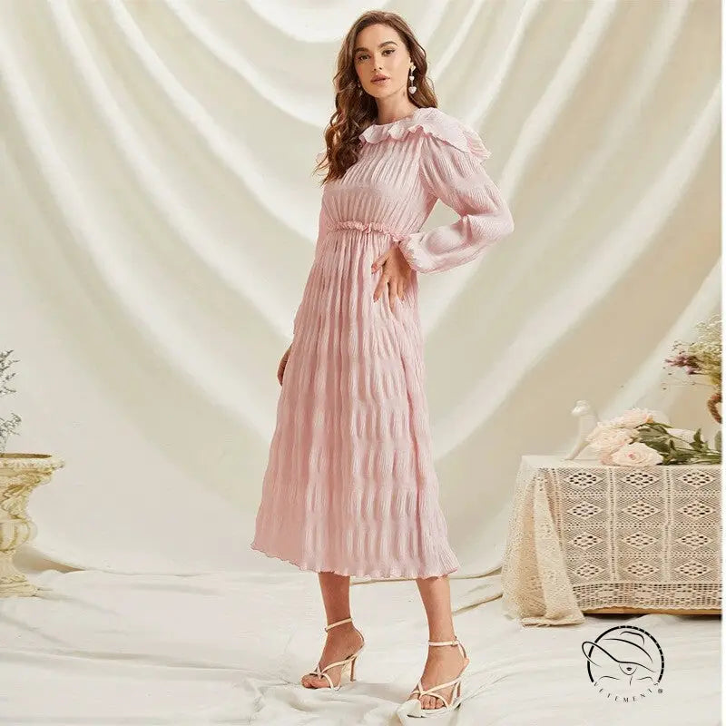 Pink pleated smocked long sleeve dress with ruffled lace collar
